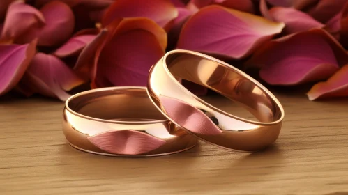 Romantic Wedding Rings on Wooden Table with Rose Petals
