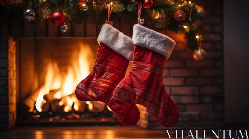 AI ART Warm Christmas Scene with Stockings and Fireplace