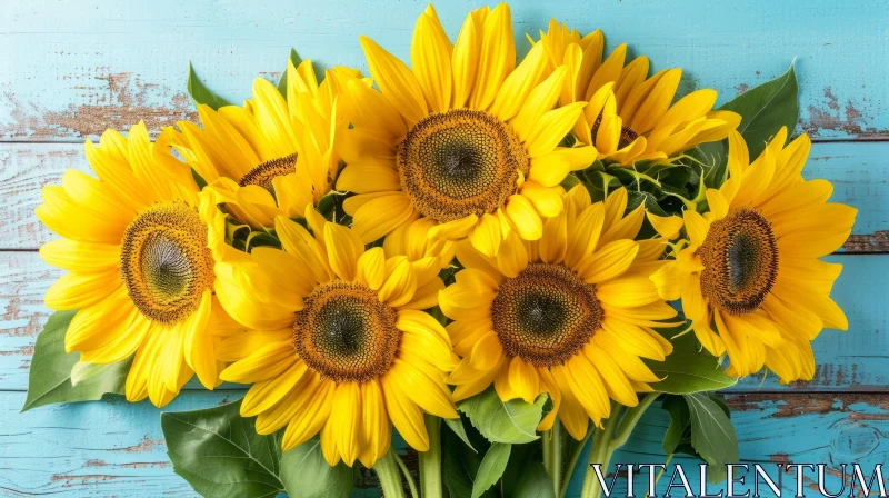 Beautiful Sunflower Bouquet on Blue Wooden Background AI Image