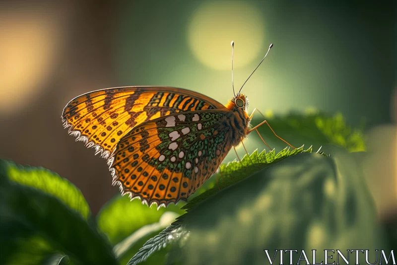 Delicate Butterfly Resting on a Green Leaf | Pointillist Photography AI Image
