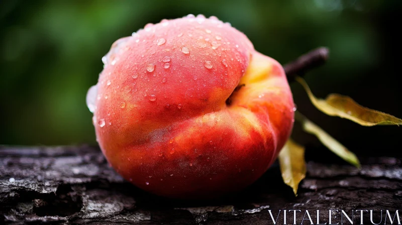 AI ART Fresh Ripe Peach with Water Drops on Wooden Surface
