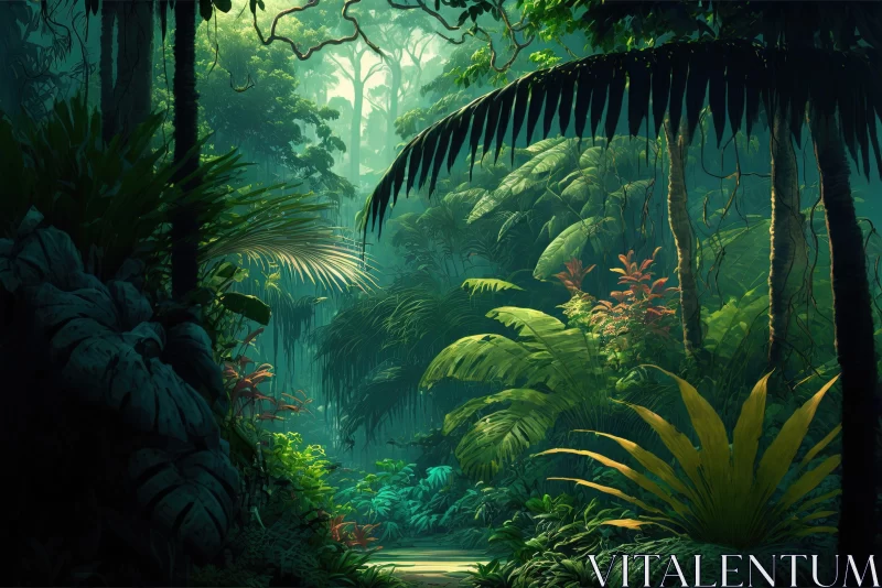 Lush Tropical Jungle Wallpaper - Detailed Painting of Path Surrounded by Plants AI Image