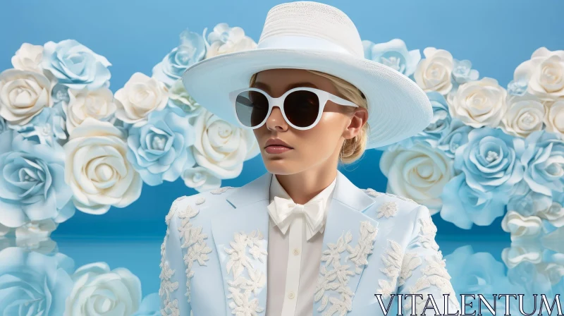 AI ART Stylish Woman in White Hat and Blue Suit