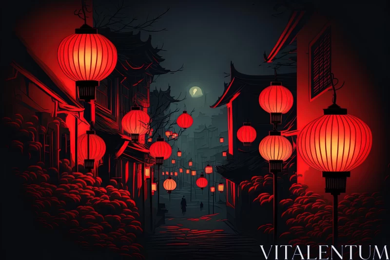 Captivating Red Lanterns Illustration in a Dark Street | Chinapunk Art AI Image