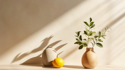Lemon and Ceramic Vases Still Life