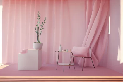 Luminous 3D Objects: A Minimalist Stage Design with a White Chair and Potted Plant