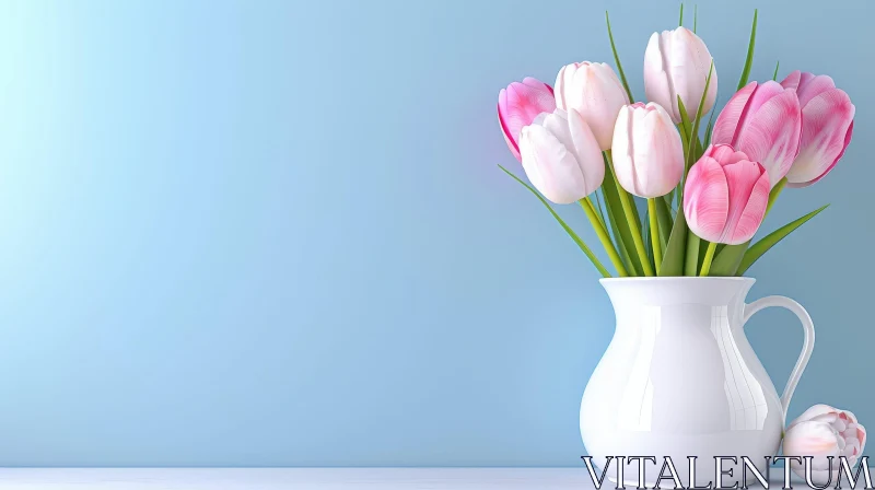 Pink Tulips in White Vase on Blue Background AI Image