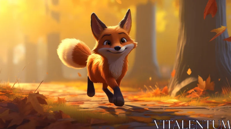 Red Fox Cartoon Illustration in Autumn Forest AI Image