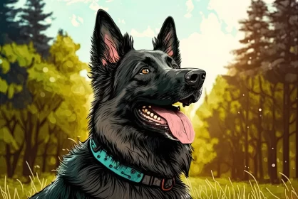Vibrant German Shepherd Dog Illustration in Forest | 2D Game Art