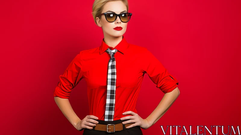 Confident Blonde Woman in Red Shirt and Tie AI Image