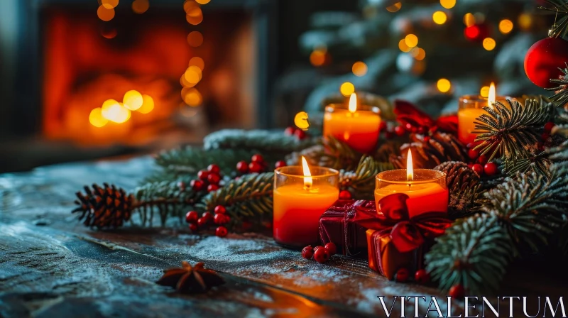 Cozy Christmas Still Life with Candles and Fireplace AI Image
