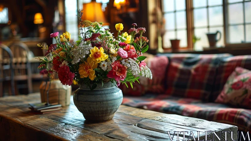 Cozy Flower Arrangement on Wooden Table in Living Room AI Image