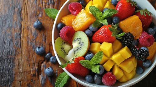 Delicious Fruit Salad Bowl on Wooden Table