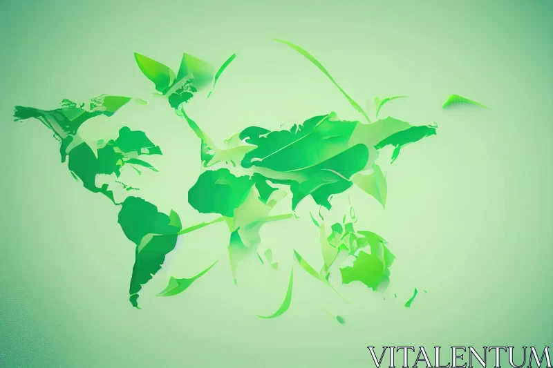Green Leaves World Map - Fluid Brushwork and Animated Shapes AI Image