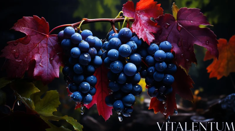 Ripe Blue Grapes with Water Drops in Forest Setting AI Image