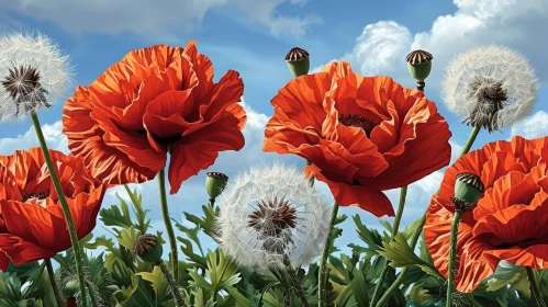 Serene Painting of Red Poppies and White Dandelions