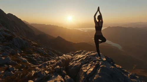 Yoga Woman on Mountaintop at Sunset