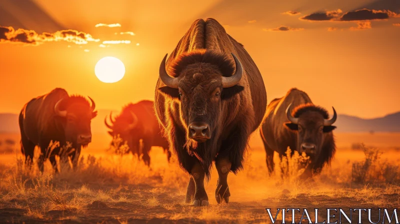 Bison Herd in Sunset Field - Nature Landscape Art AI Image