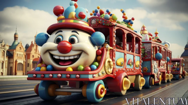 Colorful Clown Train in City with Ferris Wheel AI Image
