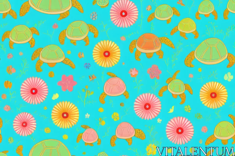 Colorful Sea Turtles on Blue Background: A Whimsical Nature-based Pattern AI Image