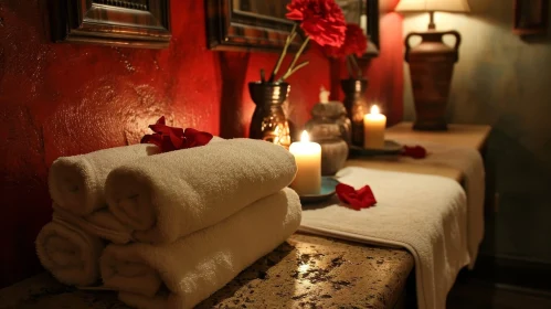 Cozy Room Setting with Towels, Candle, and Flowers