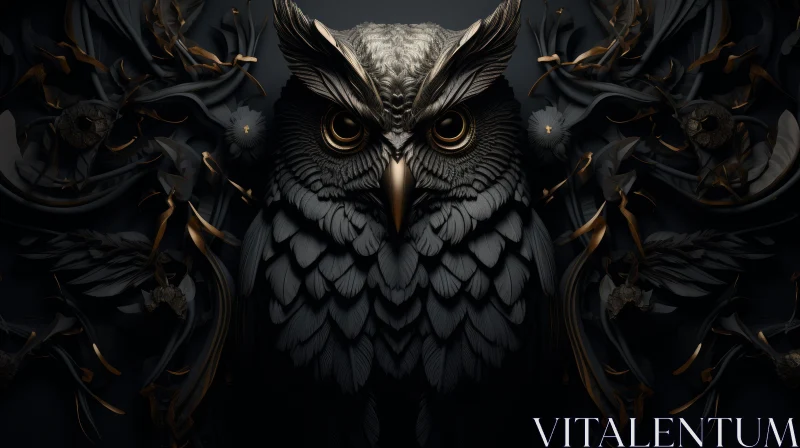 Detailed Black Owl Image with Golden Accents AI Image
