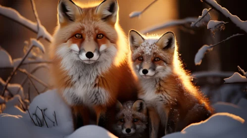 Enchanting Family of Red Foxes in Winter Forest