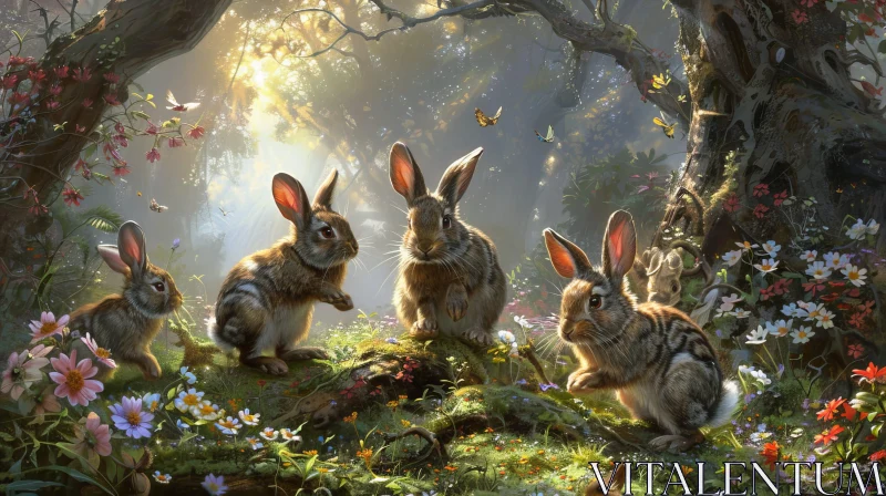 AI ART Enchanting Rabbit Gathering in Forest Painting