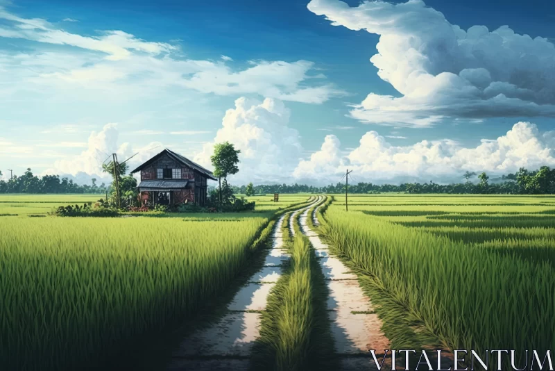 Farmhouse Over Rice Fields - Serene Nature Art AI Image