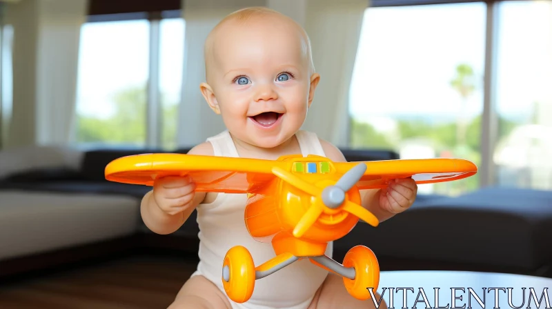 AI ART Joyful Baby Playing with Toy Airplane