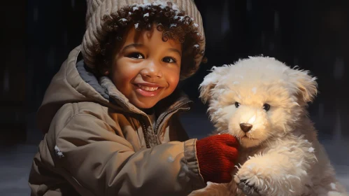 Joyful Child with Teddy Bear in Snowy Forest