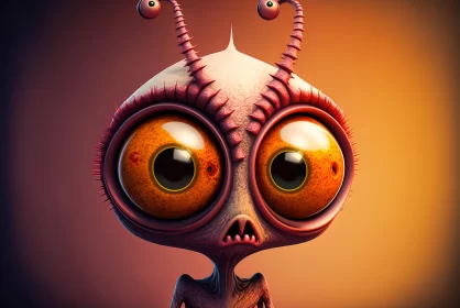 Playful Cartoon Alien with Large Orange Eyes - Intricate and Vibrant Design