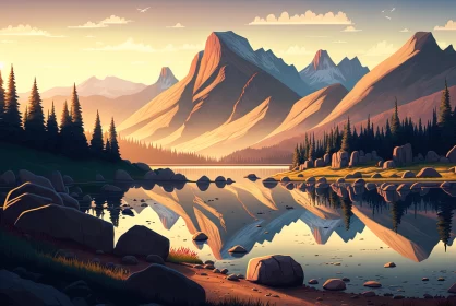 Serene Mountain Landscape at Sunset | Richly Detailed Art Nouveau Style