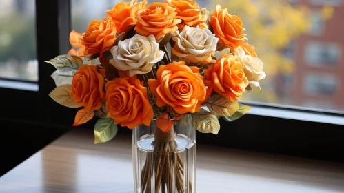 Spiral Orange and White Roses Bouquet in Glass Vase