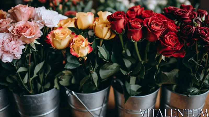 Beautiful Metal Buckets with Colorful Roses AI Image