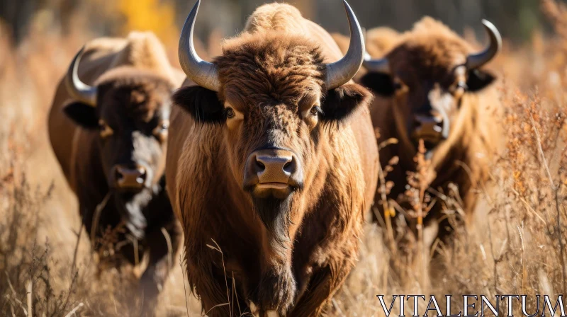 Brown Bison Herd Walking in Field AI Image