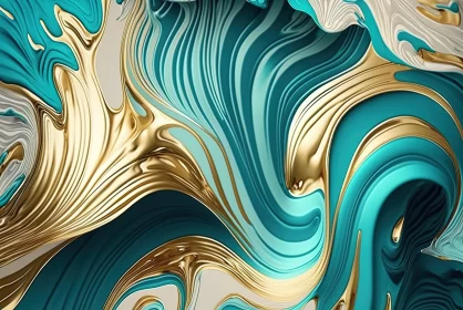 Colorful 3D Wallpaper with Gold Swirls on Blue and White Background