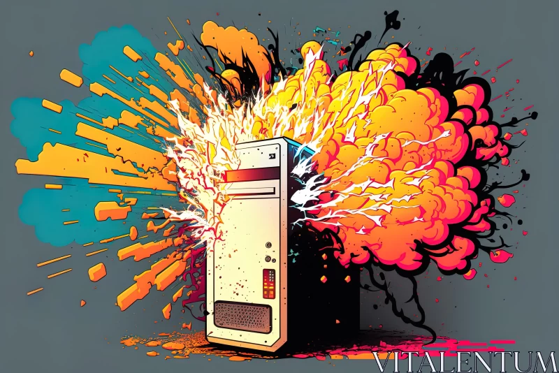 Colorful Computer Device with Explosions - Surreal Comic Scene AI Image