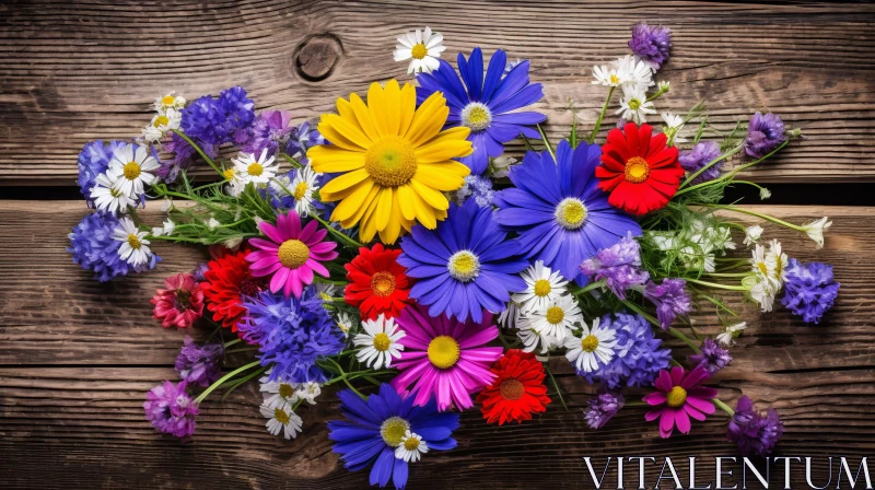 Colorful Flower Bouquet on Wooden Background AI Image