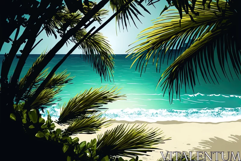 Serene Tropical Beach with Palm Trees and Ocean - Hyper-Detailed Illustrations AI Image