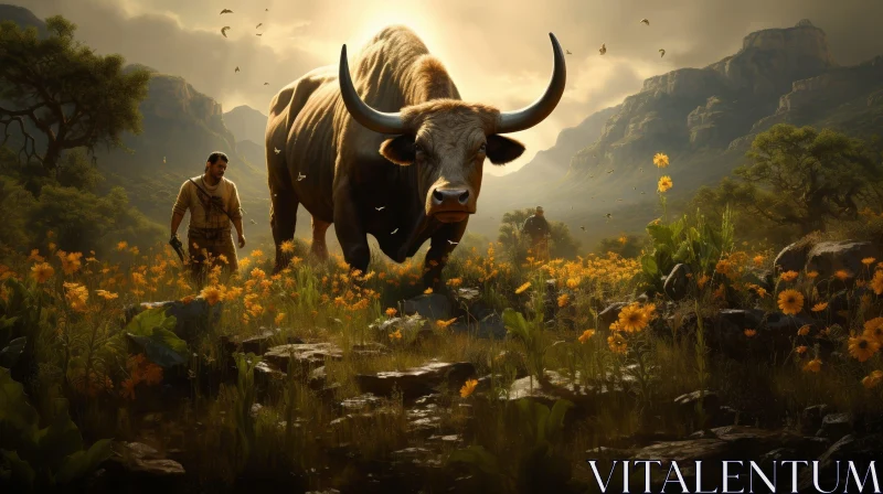 Fantasy Digital Art of Man and Bull in Field AI Image