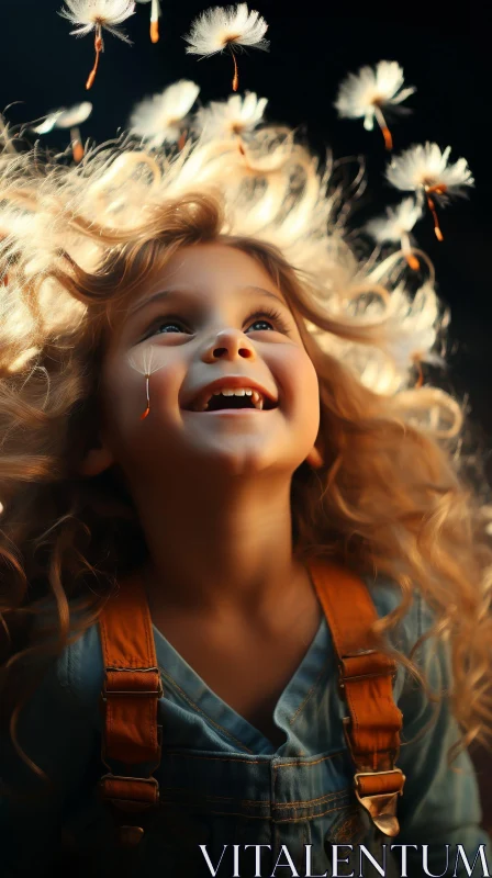 Happy Little Girl Portrait with Dandelion Seeds AI Image