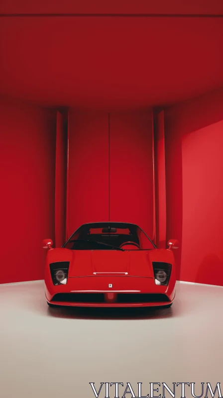 Opulent Minimalism: Red Sports Car in a Vibrant Room of Monochromatic Symmetry AI Image