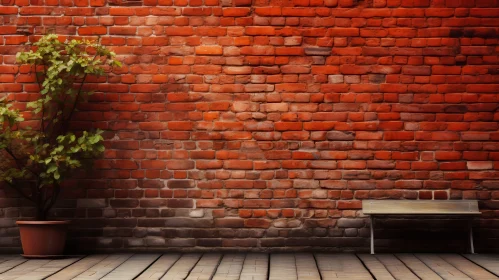 Red Brick Wall with Potted Plant and Bench - Textures