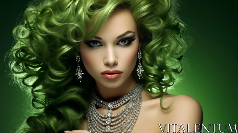 AI ART Serious Beauty: Young Woman with Green Hair and Diamond Jewelry