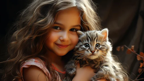Smiling Girl with Kitten Portrait