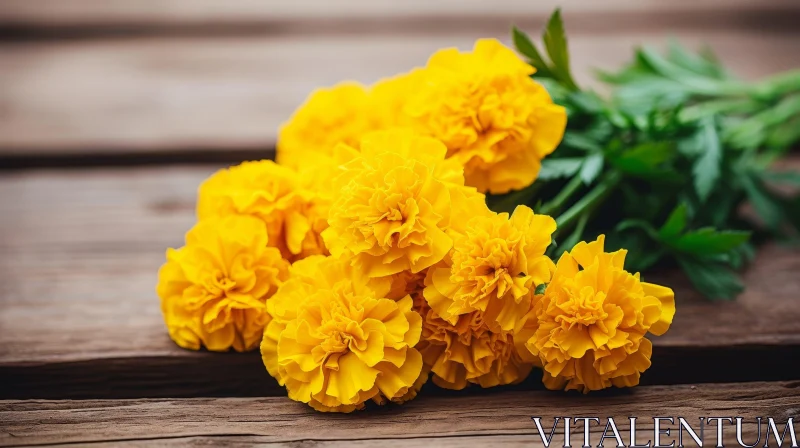 Yellow Marigold Bouquet on Wooden Surface AI Image