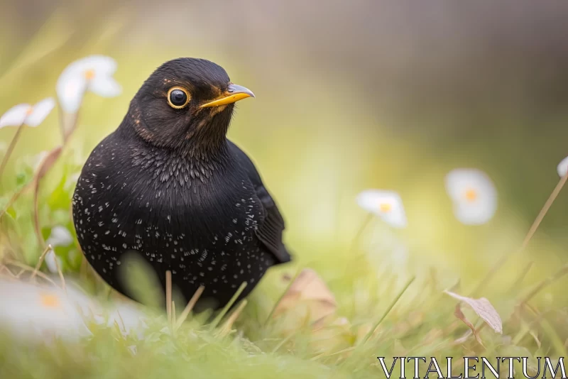 Black Bird in Grass with Daisies - Stunning Norwegian Nature Photo AI Image