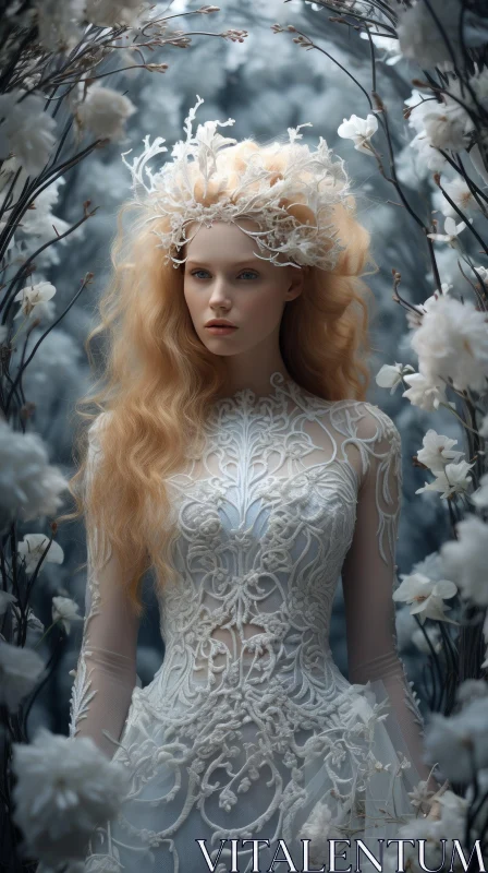 Enchanting Woman in Forest of White Flowers AI Image