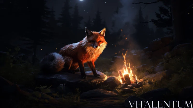 Majestic Red Fox by Campfire in Dark Forest AI Image